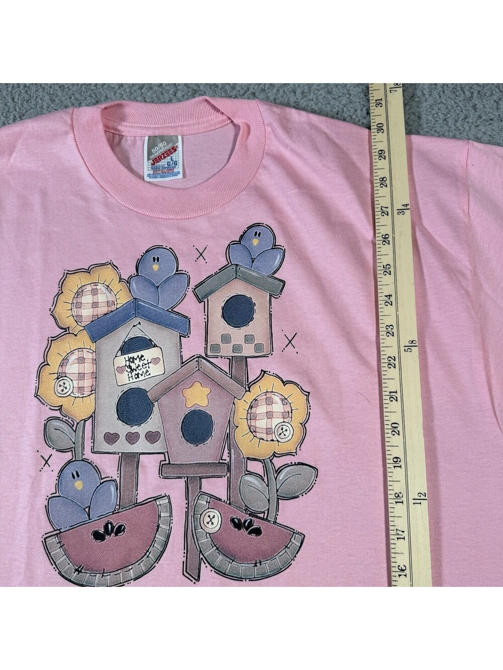 90s Vintage Jerzees Home Sweet Bird House Pink Graphic Shirt Large USA Flowers - Picture 3 of 6
